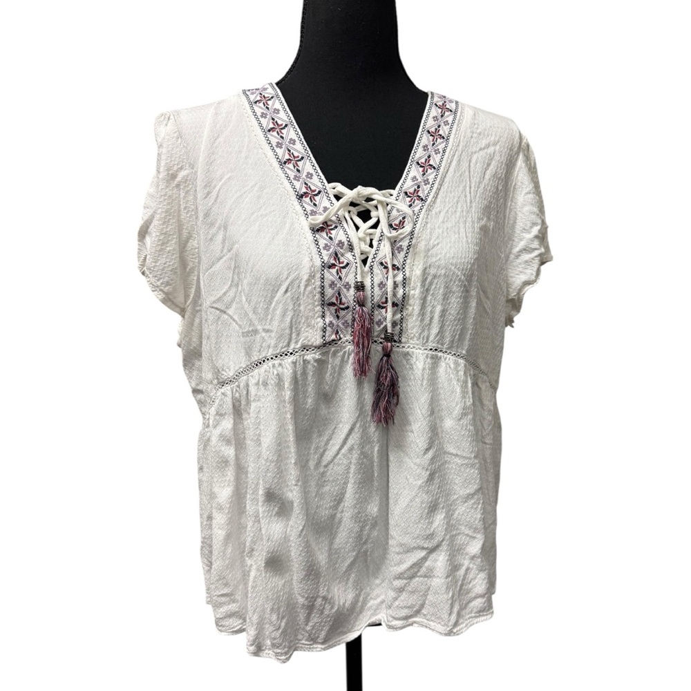 Artesia White Embroidered Lace Up Boho Peasant Top XL Tassel Blouse